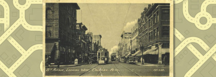 A graphic of a street map with a black and white photograph portraying downtown Calgary from the early 1900s.