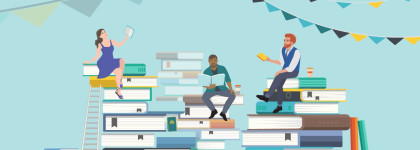 Three people read books while sitting on large stacks of books beneath decorative banners.