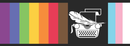 A graphic of a typewriter and a feather in between stripes of different colours.