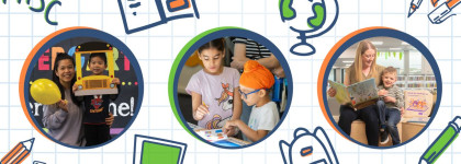 A back-to-school themed graphic featuring three circular images of children and teachers engaging in activities. 