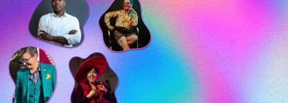 Four portraits of people in different shapes over a colourful background.