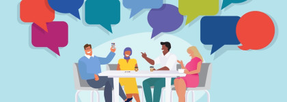 drop in english practice. four people from different cultures sitting around a table having a conversation. Talking is indicated by speech bubbles. the animated photo is brightly coloured.  