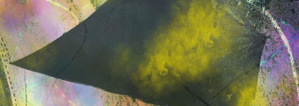 Abstract artwork with a dark triangular shape and yellow-green gradient over a textured background of pink, purple, and pastel tones.