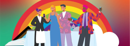 Rainbow behind a group of people at an  LGBTQIA+ event. A server and a woman holding a drink standing next to two men. bright colours. party. buffet. social. gala. Queerly Festive event 1920x1080