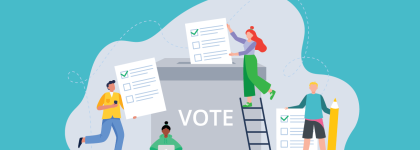 An illustration of four people voting with large ballots into an oversized ballot box.