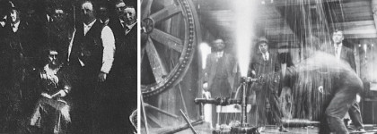 Historic black-and-white photographs showing an early group portrait beside an industrial drilling or machinery scene, illustrating the development of Alberta's petroleum industry.