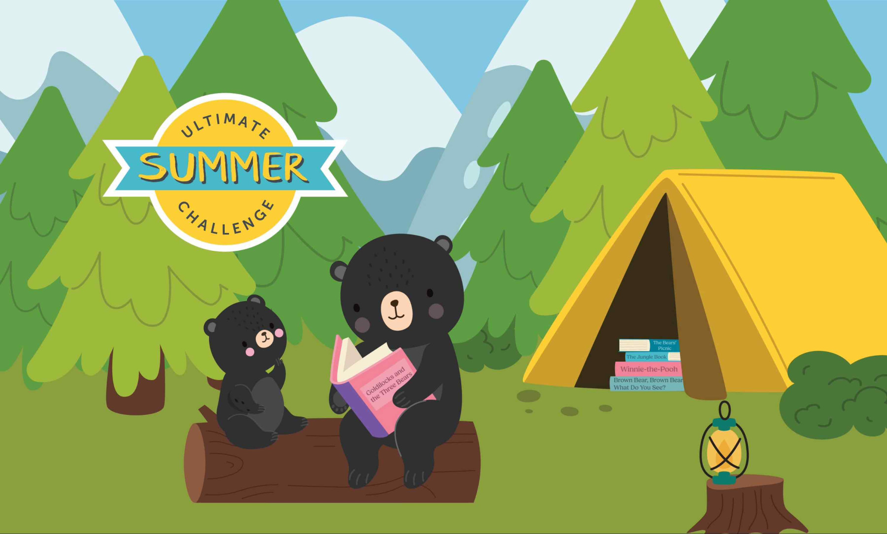 background image: Graphic of a two bears reading in the woods with a tent behind them with a logo for Ultimate Summer Reading used for USC 2026