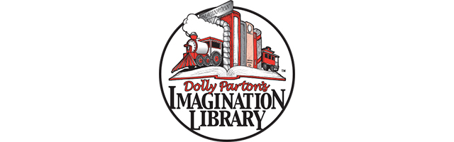 The Dolly Parton's Imagination Library logo. A red train engine pulls a boxcar full of books toward a building labelled Imagination Library in a circular logo.