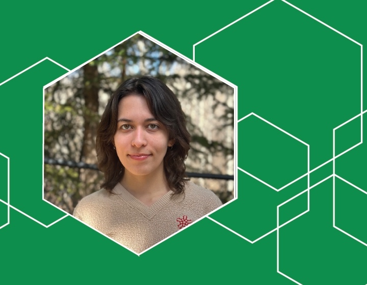 Green banner with white geometric shapes in which one shows a photo of 2026 Historian in Residence Peyton Neustaedter