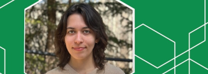 Green banner with white geometric shapes in which one shows a photo of 2026 Historian in Residence Peyton Neustaedter