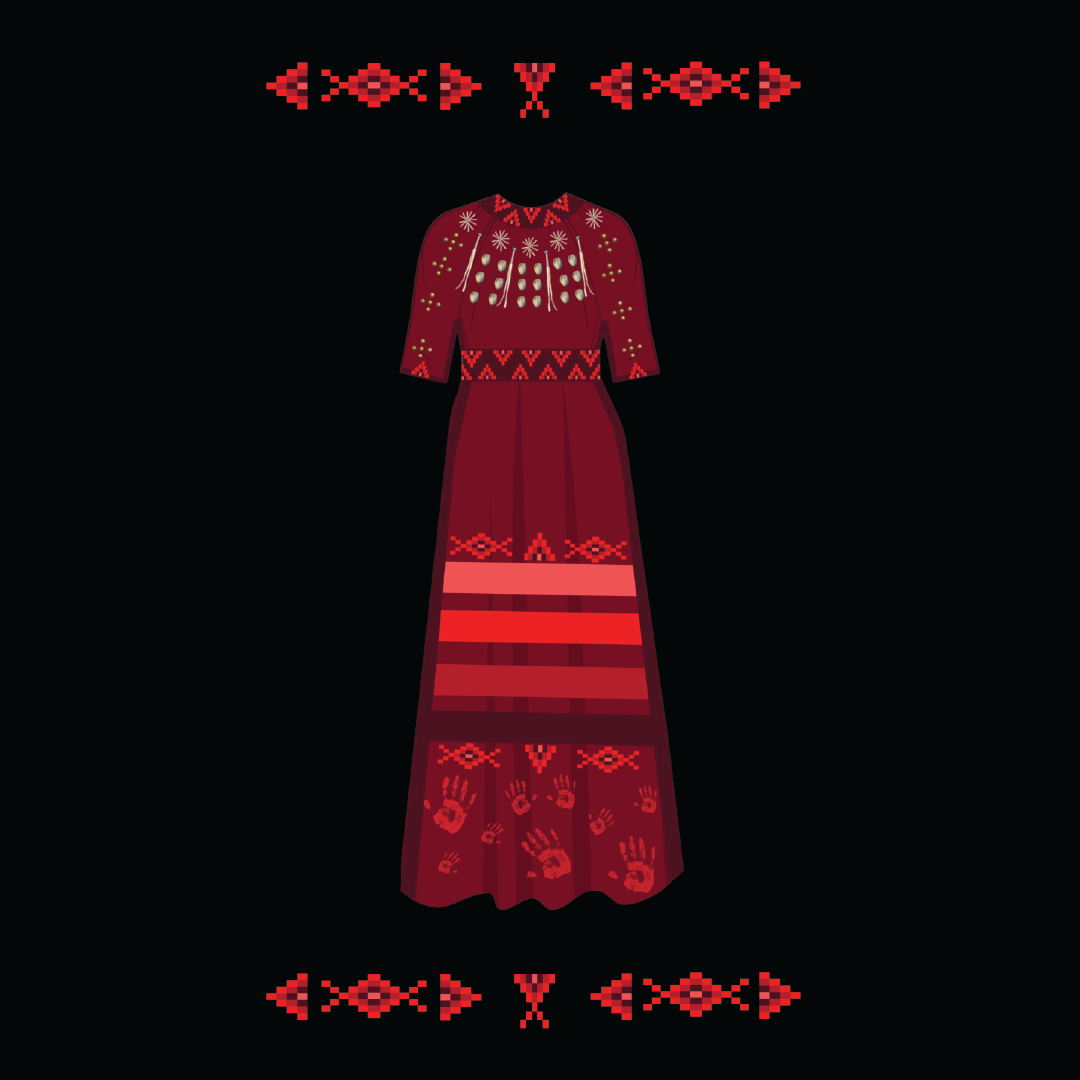 An illustration of a red dress on top of a black background.