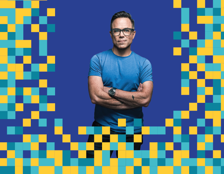 Tim Canfield standing with arms crossed in a blue shirt on a blue background with yellow, teal, and blue pixel-style blocks around the edges to promote event The Misinformation Crisis and the AI Challenge.