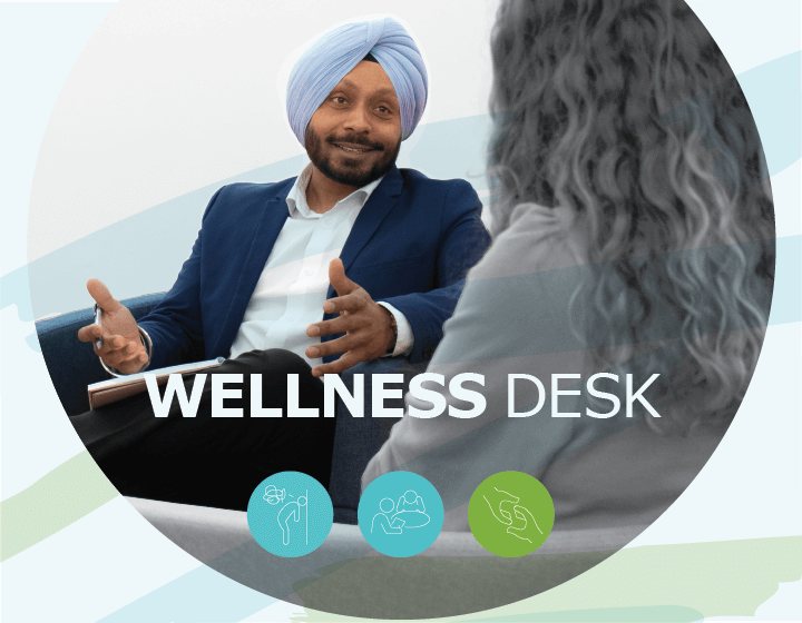 background image: A photograph of a man sitting with a pen and notebook and talking to a woman. Wellness Desk is written over the image, and underneath is a visual of three different dots with icons inside them.