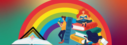 Illustration of people reading books beneath a large rainbow, with open and stacked books symbolizing literacy, learning, and inclusion.